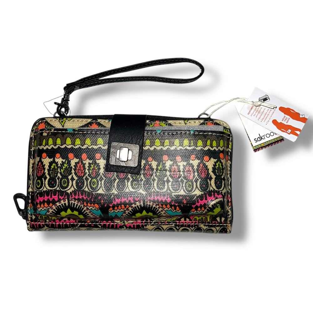 sakroots Womens Wallet Clutch Purse Crossbody Black Neon Pineapple Peace Sign